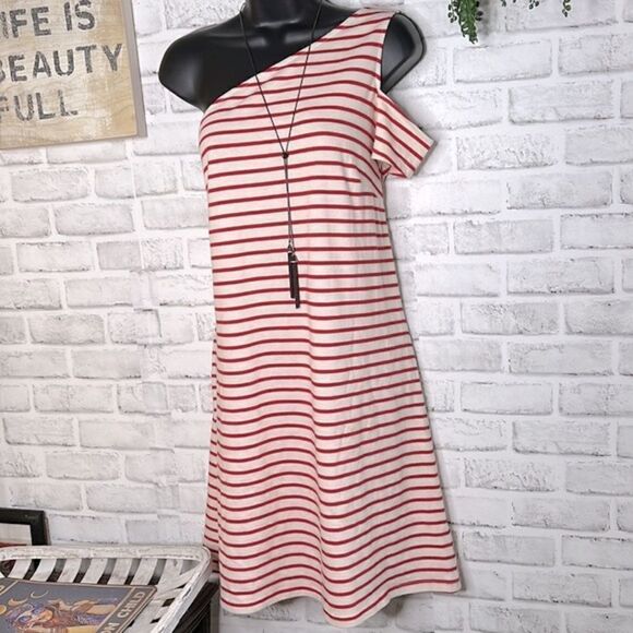 Anthropologie Maeve Marketa One-Shoulder Dress Red White Stripes Size Medium - Picture 3 of 12